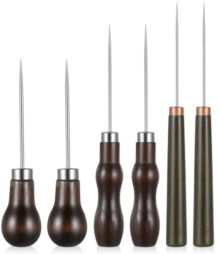 LXUEJIE 6 Pcs Awl Tool Set, Leather Scratch Awl Tools, Awls Tool Sewing with Gourd Shape Wooden Handle, Leather Punch Stitching Marking Awls Tools for Hide Sewing, Marking, Crafts Wood, Shoe Repair