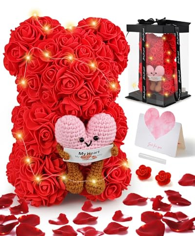 Orso rose, 25 cm, orsacchiotto con rose con confezione regalo, regalo di compleanno per donne, regalo di San Valentino, con biglietto di auguri, peluche Loveknit, completamente assemblato