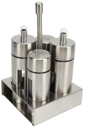 Nikou Set de Aceite y Vinagre, Salero y Pimentero, Acero Inoxidable Juego de 4 Botellas de Vinagre y Aceite, con Estante para Especias, Tarros de Especias para Cocina, Restaurante, Barbacoa