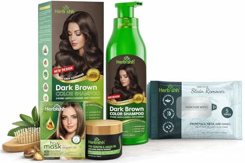 Herbishh Hair Colour Shampoo Bundle – Ammonia-Free Hair Colour Shampoo for Grey Coverage + Argan Oil Hair Mask Deep Conditioning + Hair Colour Stain Remover Wipes – Complete At-Home Colour & Care Set