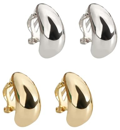 4PCS Clip On Earrings Women, Clip-On Earrings Set, Silver and Gold Non Piercing Ear Clips, Fashion Earrings for Daily Wear and Special Events, 0.7 x 0.39 Inch Size