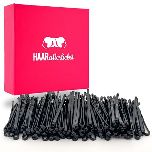 HAARallerliebst 100 Mini Haarnadeln - 3,4 cm klein Bobby Pins - schwarz für dunkle Haare – Haarklemmen Damen & Hair Pins in pinker Box - Perfekte Haarnadel für Styling & Halt