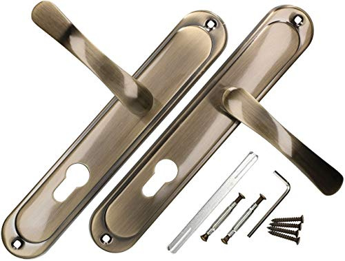 KOTARBAU® Juego de manillas para puerta, Manilla con agujero de cilindro, 72 mm, Manijas de puerta de placa larga, Manillas para puerta interior y exterior, Picaportes cuero antiguo, Kit de montaje