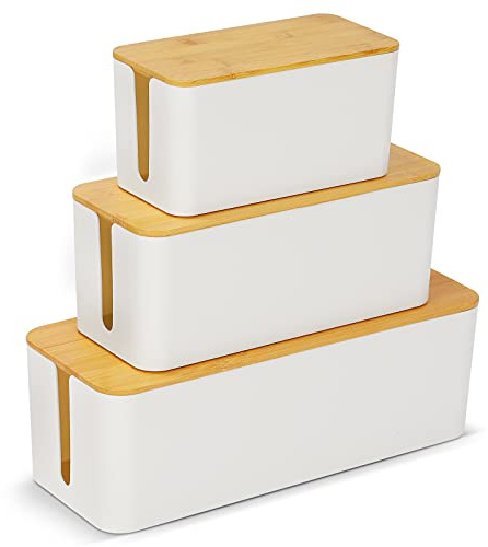 Cable Tidy Box, 3 Larger Cables Organised Box, Cable Storage Box with Bamboo Lid for Hiding Messy Cables Wire Management 16x 6.2x 5.4 and 12.6x 5.3x 5.1 and 9.2x 4.7x 4.7