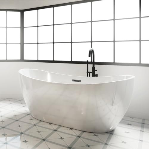 ECOLAM Baignoire îlot acrylique Clara 170x80 cm | siphon Click clack | Baignoire autoportante moderne en acrylique | Set complet | baignoire glamour