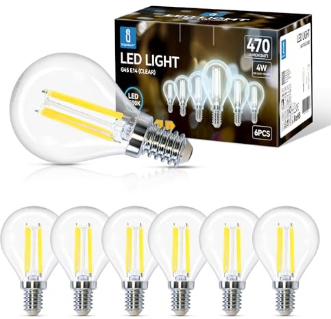 Aigostar E14 LED Lampe Filament 4W (ersetzt 40W),Kaltweiß 6500K,470 Lumen Leuchtmittel,Abstrahlwinkel 360°, G45 Edison Lampe,6 Stück