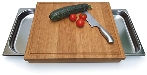 Küchenbrett EICHE mit Saftrinne und Auffangschalen seitlich ausziehbar Schneidebrett Holzbrett Käsebrett Brotschneidebrett Edelstahlschublade Küchenbrett Grillbrett Stollenbrett