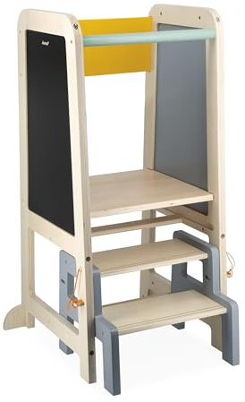 Janod - Wooden Observation Tower - 2 Adjustable Heights - 1 Removable Step, 1 Blackboard, 2 Chalks, 1 Brush - 18 Months +, J09640