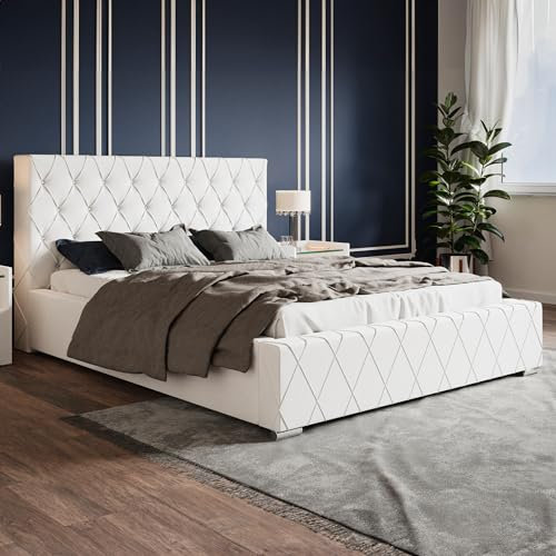 MOTIVENA Niko Polsterbett 180x200 mit Bettkasten, Bett 180x200 mit Lattenrost, Bett 180x200 mit Stauraum, Stauraumbett 180x200, mit Kopfteil, mit Strasssteinen, ohne Matratze, Kunstleder, Weiß