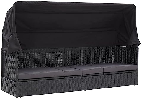 BULANED Outdoor-Sofabett mit Sonnendach, Outdoor Sofa, Gartenlounge Outdoor, Balkon Sofa, Liegesofa, Outdoorsofa, Outdoor Couch, Poly Rattan Schwarz