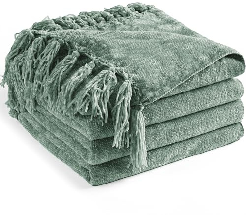 Long Create Chenille-Überwurfdecke für Couch, 152 x 203 cm, weich, gemütlich, Überwurf mit Fransenquaste für Bett, Sofa, Stuhl, leicht, gestrickt, dekorative Boho-Decken für Wohnzimmer, Salbeigrün
