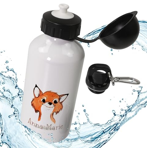 timalo® Aluminium Trinkflasche für Kinder personalisiert mit Namen | auslaufsichere Alu Sportflasche Kindergarten mit Tieren Geschenk für Jungen und Mädchen 400mLB3 | 13-Fuchs