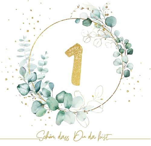 20 Servietten 1. Geburtstag Eukalyptus als Tischdeko mit Spruch Schön, dass Du da bist. Deko Papierservietten Geburtstag Junge Mädchen Baby Zahl 1 gold mit Motiv Jubiläum 33x33cm