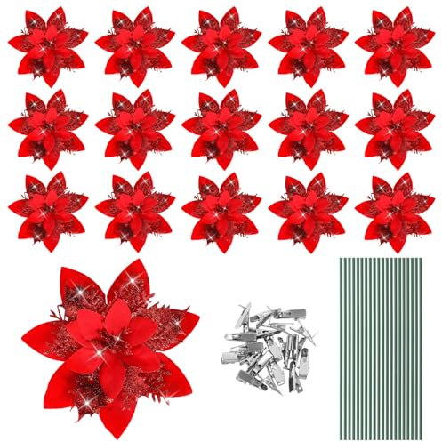 JULBEAR Weihnachtsstern Künstlich, 16 Stück Glitter Weihnachtsstern Blumen Weihnachtsbaumschmuck Künstliche Blumen mit Clips Vorbauten für Weihnachtsbaum Deko(Rot)