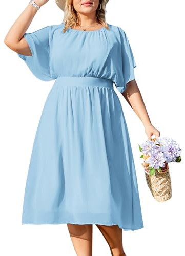 Hanna Nikole Midi Freizeitkleider Rüschenärmel Dehnbarem Partykleid Schöne für Mollige Frauen Hellblau 52