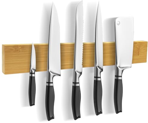 Baxcdyswe 40cm Magnetleiste Messer aus Bambus Mit Extra Starkem Magnet, Messerhalter Magnetisch Knife Holder Messermagnet Messerleiste Halterung - Selbstklebend (Klebeband) & Mit Zubehör zum Bohren