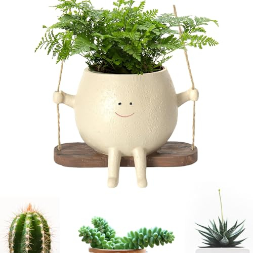 Nitoope Swing Face Planter Pot, Smile Face Hanging Plant Pot, Small Resin Flower Head Planters, Indoor Outdoor Hanging Flower Pots, Unique Succulent Planter