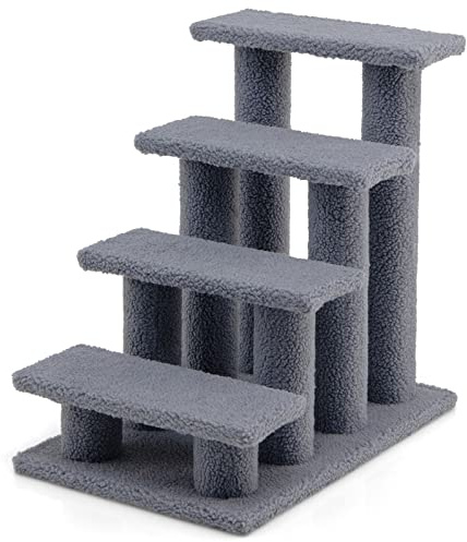 GYMAX Tiertreppe 4 Stufen Katzentreppe Hundetreppe Treppe für Katze Kletterbaum Katzenbaum 60,5 x 41 x 60,5 cm (Grau)