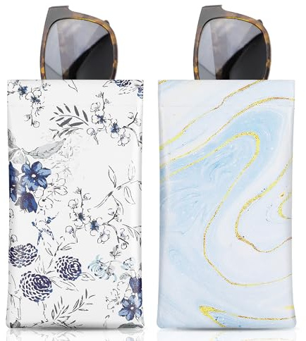 MoKo Weiches Brillenetui, 2 Stück Tragebar Sonnenbrillen Etui PU Leder Anti-Kratzer Sonnenbrillen Aufbewahrungstasche mit Reinigungstuch, Marmor & Blaue Blumen
