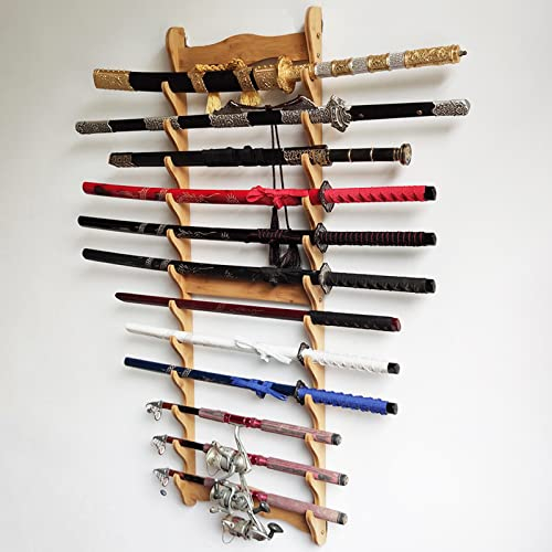 GLJTUO Wandhalterung Für Katana-Ständer, Mehrschichtiger Boden-Schwertständer, 1–12 Schichten Waffenregale, Kampfsport-Schwerthalter, Vertikale Präsentationsständer, Angelrute (Braun 12)
