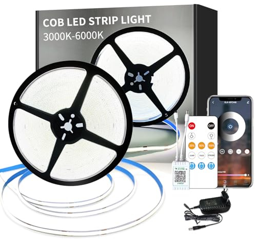 Yeewhale cob Led strip 6000k Weiß 20m,mit Fernbedienung,APP Steuerung | DC24V LED band,flexible Dimmbar COB LED Streifen,anwendbar auf Schlafzimmer, Raum,DIY Dekoration