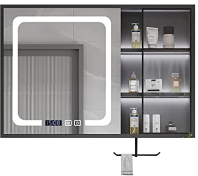 Generisch Badezimmerschrank,Badezimmer-Wandschrank, beleuchteter Badezimmerschrank, intelligenter Wandschrank, Kosmetikspiegel, Spiegel mit Ablage (schwarz, 70 x 70 x 12 cm)