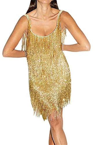 Qianderer Damen-Minikleid mit Pailletten, Glitzer, mehrlagig, Fransen, tiefer V-Ausschnitt, rückenfrei, ärmellos, Quaste, Flapperkleid, Club, Party, Abschlussball, glitzerndes Kleid