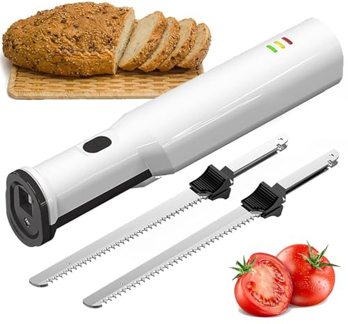 ASnwpaK Cuchillo De Carnicero EléCtrico, Cuchillo De Pan InaláMbrico Recargable, BateríA De 2000mah, con 2 Cuchillas De Acero Inoxidable + Bloqueo De Seguridad, para Cortar Carne, Pan, Fruta