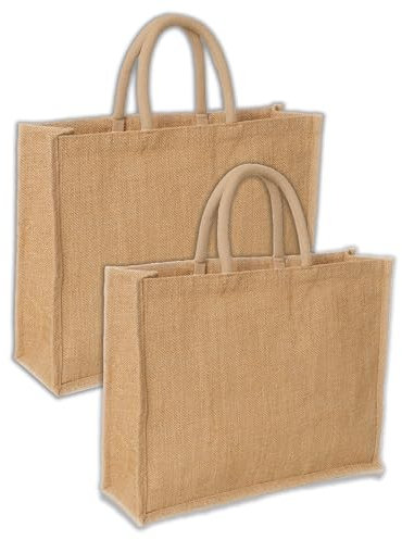IPEA 2x Jute Tasche zum Einkaufen, Verbringen und für die Freizeit – 2 Stück – Shopper aus echter natürlicher Jute – Einkaufstasche für Abend, Meer, Strand – Retro Elegantes Design – 43 x 34 cm