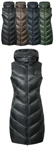 Covalliero - Damen Langweste | Longweste zum Reiten | Reitweste mit Reitschlitz | Steppweste mit Kapuze & 2 Taschen | wasserabweisende Winterweste | Reitbekleidung in Black | Größe M