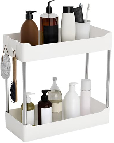 JINGIHE 2-Tier Bathroom Storage Organiser with 4 Hooks Spice Rack White | 2 Tier Multi-Use Bathroom Shelves for Bathroom Vanity, Kitchen Spice Rack, Sink Countertop, Cupboard Organiser for Cosmetics