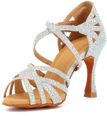Syrads Femmes Strass Bout Ouvert Chaussures de Danse Latin Salsa Danse Croisement Salle de Bal Latin Salsa Performence Chaussures,Argent 9cm Heel,38 EU