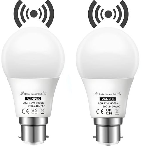Vanpus Dusk to Dawn Light Bulbs,Motion Sensor Light Bulb, Auto On/Off Radar Sensing Bulb, B22 LED Light Bulb, 12W (6000k),Night Lamp for Stairs, Garages, Corridors, Courtyards, etc (2 Pack)
