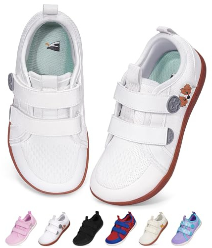 BibYuga generiska barfotaskor barn sneakers breda, barfotaskor pojkar flickor barfota skor småbarn, halkfria sneakers med krok och ögla, Vit, 31 EU