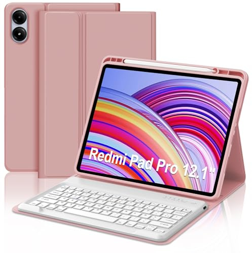 Coque Clavier pour Xiaomi Redmi Pad Pro 12.1 Pouces 2024 et Xiaomi Poco Pad | AZERTY Français Bluetooth sans Fil Détachable Étui Clavier pour Tablette Redmi Pad Pro avec Rangement de Stylet, Or rose