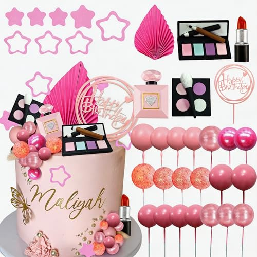 Makeup Cake Toppers Glamour Party Decoration Pink Girl Birthday Cake Topper | Balls Palm Leaves Cake Topper Spa Birthday Party Cake Toppers