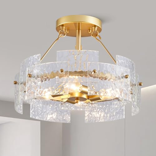 Majhoiw Moderne Deckenleuchte 4-Licht Rund Kronleuchter Gold Glas Lampenschirm Deckenleuchten E14 für Esszimmer Wohnzimmer Schlafzimmer Flur, Φ40cm