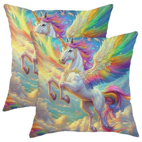 Juego de 2 fundas de cojín decorativas con diseño de caballo mágico arcoíris y colorido con alas, decoración del hogar de fantasía para niños, sofá, cama, sofá, 16 x 16 pulgadas