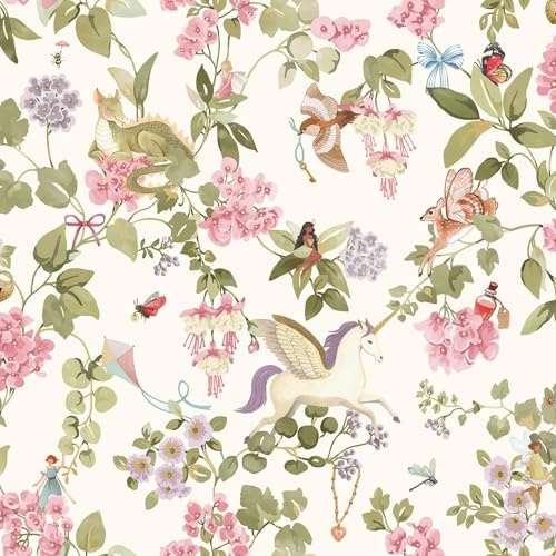 Holden Storybook Away with the Fairies Unicorn Themed Wallpaper with Dragons Butterflies for Girls' Bedrooms, Nurseries, Playrooms in Cream/Multi (14020)