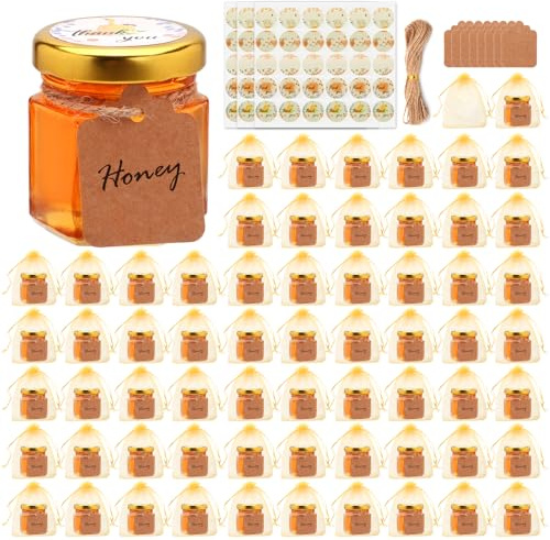 Woaiwo-q 64 Pack 1.5oz Mini Honey Jars, Hexagon Glass Jars Bulk with Airtight Gold Lids, Small Glass Containers for Wedding Favor, Baby Shower, DIY Crafts, Butter, Jam, Spices, Herbs