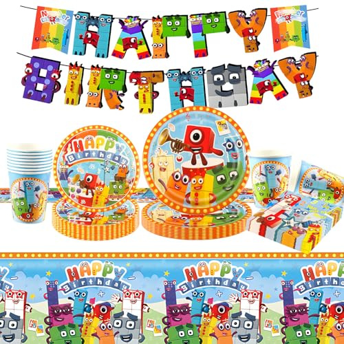 Ainvliya 52 Pcs Blocks Birthday Decorations, Party Decorations Party Supplies Paper Plates Cups and Tablecloth, Kids Tableware Set for 10 Guests