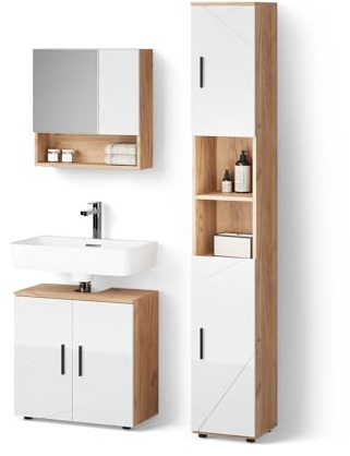Livinity Badmöbel-Set Ronco Weiß Hochglanz/Goldkraft Eiche | 3 Teile, mit Hochschrank