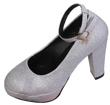 Traditional Shoes Women's Dress Pumps Funnel Heel Elegant Wedding Shoes Height Heel Round Toe with Platform Glitter Stones Mary Jane Low Shoes Wide Feet Clasp Pumps, Silver1, 3.5 UK