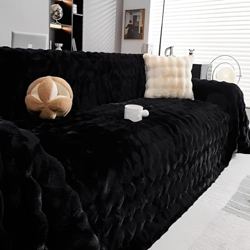 FANSU Plüsch Sofadecke Sofabezug L Form 1 2 3 4 5 Sitzer Winter Warm Sofaüberwurf Decke rutschfest Sofabezug Ecksofa Universelle Couch Bezug Sofaschoner Sofa Decken Couch Überwürf (Schwarz,180x150cm)
