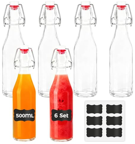 YOMKILU Juego de 6 Botellas Cristal 500 ml con Tapón Hermético, Botella Vidrio con 6 Etiquetas, Botella de Cristal Transparente para Bebidas, Cerveza, Aceite, Vinagre, Agua
