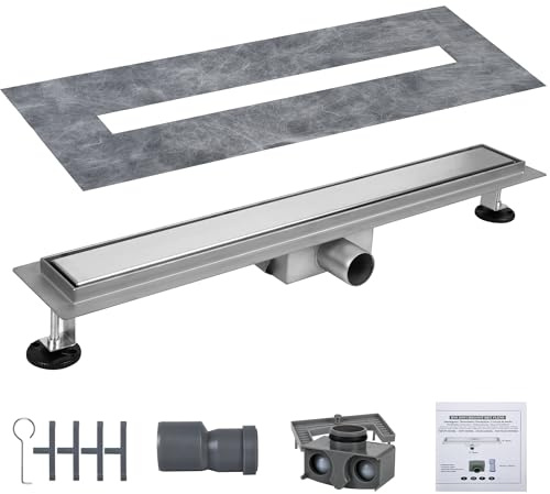 Warmfay Duschrinne 90 cm, Befliesbare Edelstahl Extra Flach Duschablauf, Bodenablauf Dusche Komplettset inkl. Haarsieb Siphon Geruchsstop - Randablauf