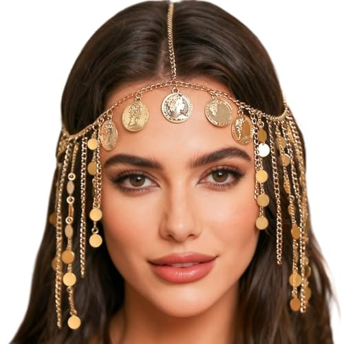 Collier de Tête Doré Déesse, Gold Chaîne de tête à paillettes pour mariée Accessoires de cheveux Bohème pour Costume de Voyante, femmes et filles de Festival