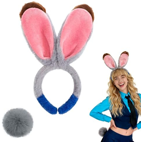 Graues Hasenohren Haarreifen und Schwanz Set, Hasen Kostüm Zubehör für Damen Erwachsene, Weiche Biegbare Plüsch Ohren für Ostern Party Cosplay