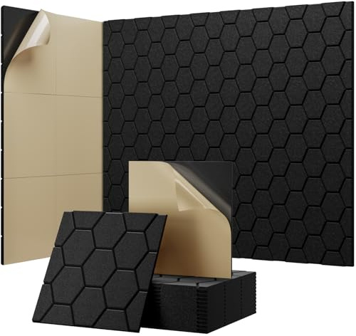 Acoustic Wall Panels Self Adhesive for Soundproofing- Black Hexagon Sound Proof Noise Cancelling - Sound Absorbing Panels for Gaming Room Studio 12 Pack