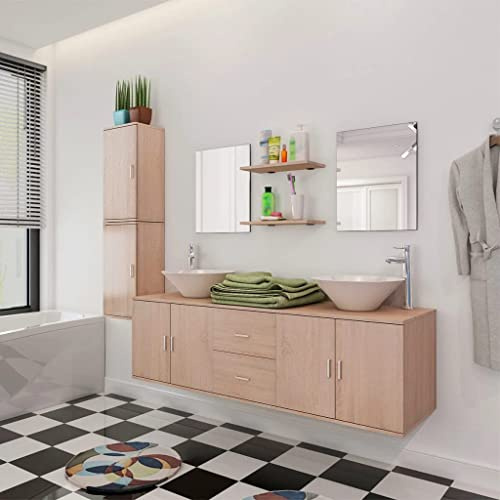 Foknhdi 11-TLG Beige Badezimmermöbel Set 150 x 45 x 45 cm waschbecken mit unterschrank Keramik Doppelwaschtisch Modernes Design Robust & Langlebig für kleine Bäder Gäste-WC